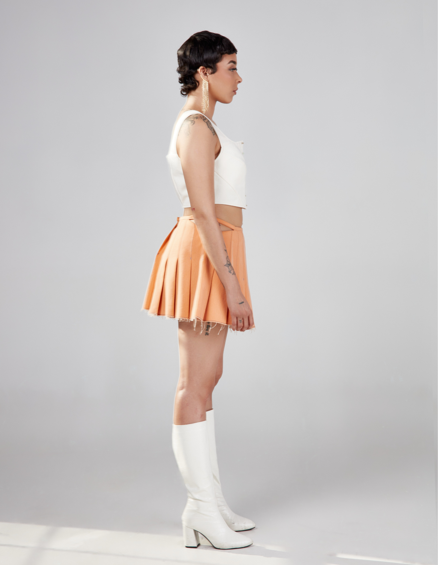 Cut Out Pleated Mini Skirt -Orange
