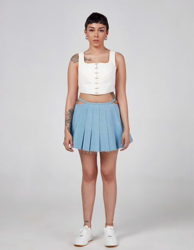 Cut Out Pleated Mini Skirt - Blue