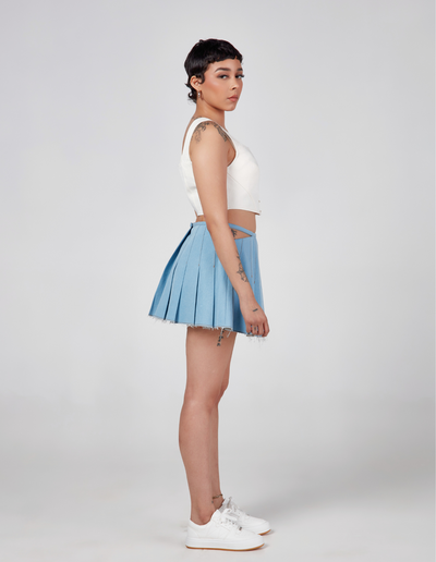 Cut Out Pleated Mini Skirt - Blue