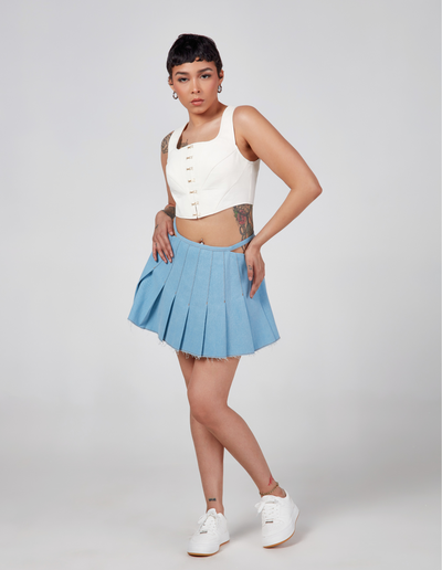 Cut Out Pleated Mini Skirt -Baby Blue